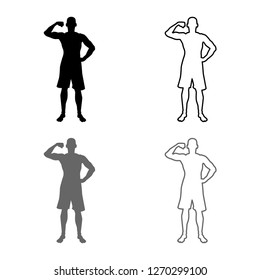 Bodybuilder showing biceps muscles Bodybuilding sport concept silhouette front view icon outline set grey black color