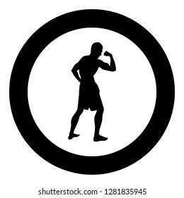 Bodybuilder showing biceps muscles Bodybuilding sport concept silhouette side view icon black color vector illustration flat style simple imagein circle round