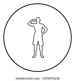Bodybuilder showing biceps muscles Bodybuilding sport concept silhouette front view icon black color outline vector illustration flat style simple image in circle round