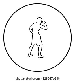 Bodybuilder showing biceps muscles Bodybuilding sport concept silhouette side view icon black color outline vector illustration flat style simple image in circle round