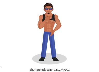 Bodybuilder is showing his six abs. Vector graphic illustration. Individually on a white background.
