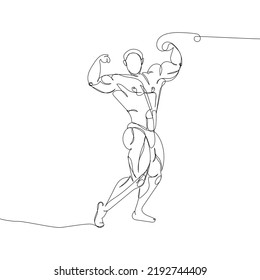 Bodybuilder showing muscles one line art. Continuous line drawing sport, fitness, man, musculature, strength, gym, competition, physical education, athlete torso, weightlifting.