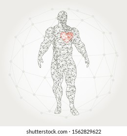 Bodybuilder silhouette. Icon of the posing athlete. Molecule and communication style icon. Connected lines with dots. 