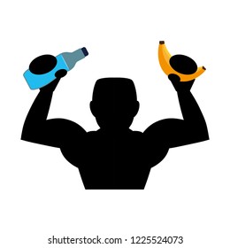 bodybuilder silhouette lifting water bottle and banana