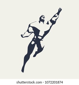 Bodybuilder silhouette. Muscular man flying. Super hero sketch