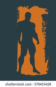 Bodybuilder silhouette. Muscular man posing. Sketch style illustration. Grunge brush stroke.