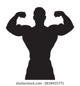 Bodybuilder silhouette posing showcasing muscular physique and strength of fit man flexing biceps isolated on white background for fitness gym and sport healthy lifestyle design elements bodybuilding concept art for personal training physical exercise muscular body strength training sport activity.