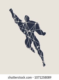 Bodybuilder silhouette textured by lines and dots pattern. Muscular man flying. Super hero sketch