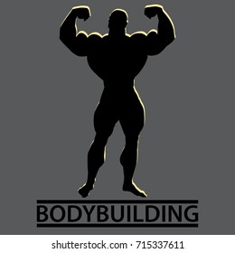 Bodybuilder. Silhouette of very big guy posing. Bodybuilding text below. Front double biceps. Vector illustration