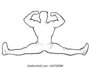 Bodybuilder sitting in the splits. Vector contour on white background