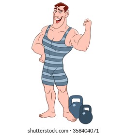 Bodybuilder. Sport Athlete. Cartoon character isolated on white background. Colorful design for kids activity book, coloring page, colouring picture. Vector illustration for children.