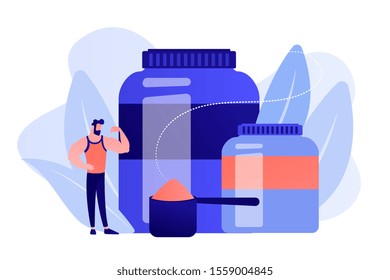 Bodybuilder with sports nutrition plastic containers with protein powder. Sports nutrition, sports supplements, ergogenic aids use concept. Pinkish coral bluevector isolated illustration