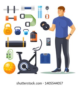 Bodybuilder or sportsman. Isolated workout or fitness, bodybuilding or sport exercise, weight lifting items. Jump rope,stopwatch, dumbbell, barbell, weigher, protein, yoga matchest expander bicycle