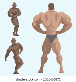 Bodybuilder sportsman vector characters muscular bearded man fitness male strong athlets model posing bodybuilding sport gym cartoon style illustration