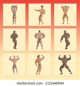 Bodybuilder sportsman vector characters muscular bearded man fitness male strong athlets model posing bodybuilding sport gym cartoon style illustration