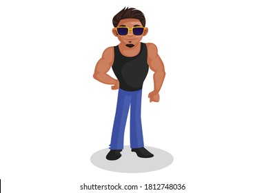 Bodybuilder is standing with hand on his waist. Vector graphic illustration. Individually on a white background.