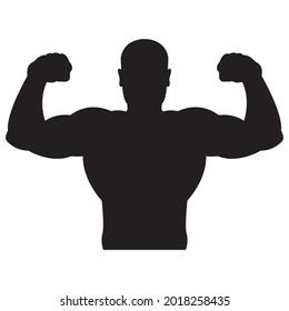 Bodybuilder strong man. Black silhouette. Design element. Vector illustration isolated on white background. Template for books, stickers, posters, cards, clothes.
