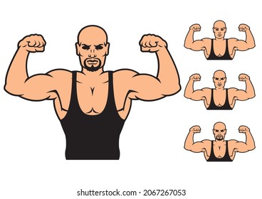 Bodybuilder strong man. Design element. Vector illustration isolated on white background. Template for books, stickers, posters, cards, clothes.