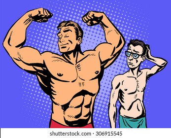 Bodybuilder and thin man is the sport of fitness. Retro style pop art humor