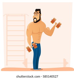 bodybuilder training with barbell in gym. Athlete sports characters.Cartoon vector illustration