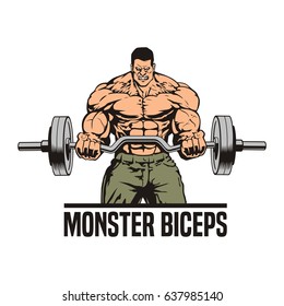 Bodybuilder training biceps, pumping iron vector image