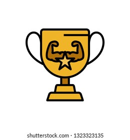 bodybuilder trophy icon with double hand muscle and star symbol for bodybuilding competition illustration. simple vector graphic.