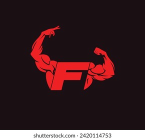 bodybuilder unique vector with letter F, gym and fitness logo, design, emblem and icon