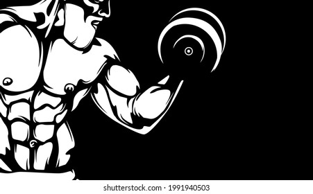 Bodybuilder vector illustration. Strict coach bodybuilding and fitness logo. Banner for sport gym.