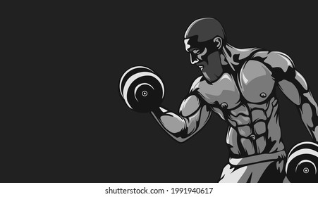 Bodybuilder vector illustration. Strict coach bodybuilding and fitness logo. Banner for sport gym.