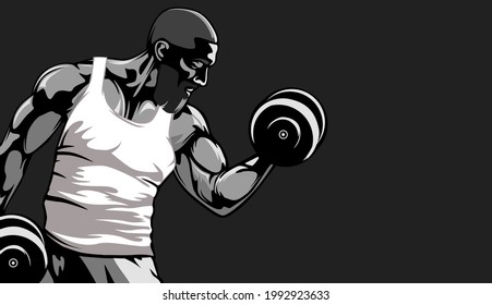 Bodybuilder vector illustration. Strict coach bodybuilding and fitness logo. Baner for sport gym.