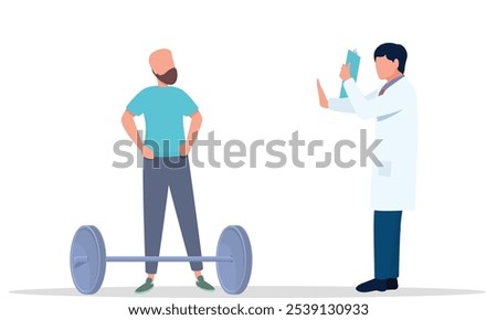 Bodybuilder with weight lifting, doctor stop for health hazard with assessment of physical health and fitness guideline, safety instructions of gym.Promoting safe workout practices.