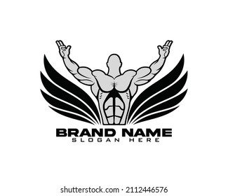 Bodybuilder with wings, fitness, gym, and bodybuilding vector.