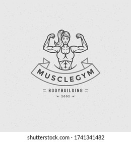 Bodybuilder woman logo or badge vector illustration female bodybuilding symbol silhouette. Retro typography fitness emblem design template or t-shirt print.