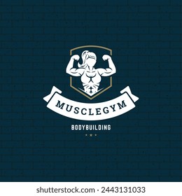 Bodybuilder woman logo or badge vector illustration female bodybuilding symbol silhouette. Retro typography fitness emblem design template or t-shirt print.