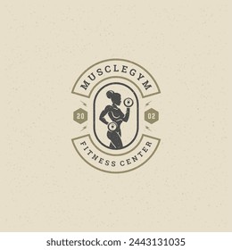 Bodybuilder woman logo or badge vector illustration female lifting dumbbells symbol silhouette. Retro typography fitness emblem design template or t-shirt print.