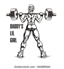 Bodybuilder woman squatting with barbell, young girl doing squats, vector illustration