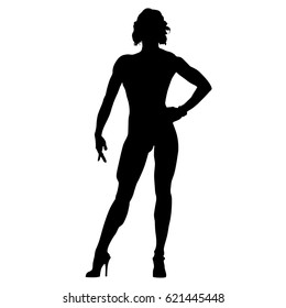 Bodybuilder woman standing on shoes with high heels, vector silhouette
