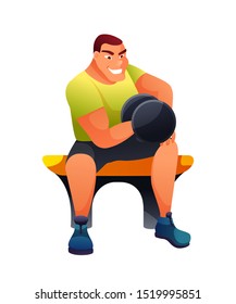 Bodybuilder working out flat vector illustration. Happy sportsman, smiling athlete in sportswear cartoon character. Young man lifting dumbbell, arms muscle training. Healthy lifestyle, workout