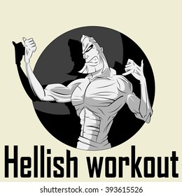 Bodybuilder Workout. Emblem with brutal kind of athlete. Hard training and martial arts concept. Vector