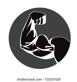 Bodybuilders arm. Huge silhouette biceps in circle. Vector illustration