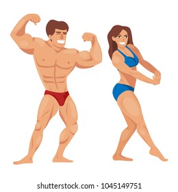 Bodybuilders characters muscular bearded man illustration set fitness models posing bodybuilding vector illustration.