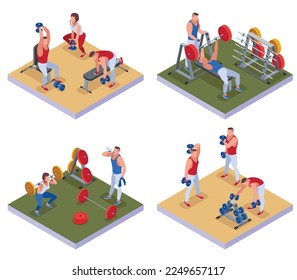 Bodybuilders in the gym 2X2 illustration isometric icons on isolated background