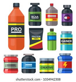 Bodybuilders gym athlete sport food diet symbols fitness nutrition protein powder drink vector illustration.