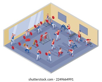 Bodybuilders in the gym illustration isometric icons on isolated background
