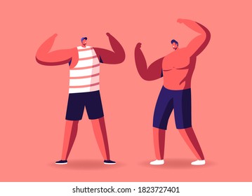 Bodybuilders Male Characters Posing Demonstrate Huge Muscles and Sportive Perfect Athletic Body Measuring Strength Make Presentation or Perform on Scene Competition. Cartoon People Vector Illustration