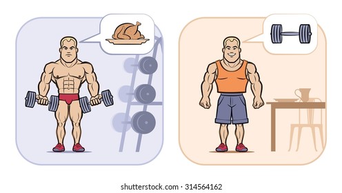 Bodybuilder's States of Mind. Vector illustration on the Sport's theme.