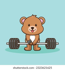 Bodybuilding, Adorable and Cute Cartoon Bear Lifting Barbell. Weightlifting Muscles training with Barbell. Cartoon Vector Workout Icon Illustration, Gym Workout mascot, cute sticker, cartoon style.