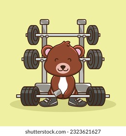 Bodybuilding, Adorable and Cute Cartoon Bear Lifting Barbell. Weightlifting Muscles training with Barbell. Cartoon Vector Workout Icon Illustration, Gym Workout mascot, cute sticker, cartoon style.