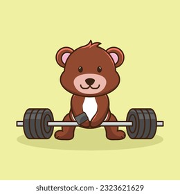 Bodybuilding, Adorable and Cute Cartoon Bear Lifting Barbell. Weightlifting Muscles training with Barbell. Cartoon Vector Workout Icon Illustration, Gym Workout mascot, cute sticker, cartoon style.