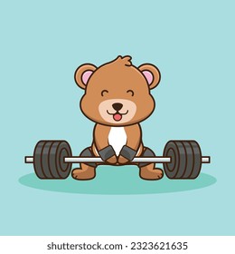 Bodybuilding, Adorable and Cute Cartoon Bear Lifting Barbell. Weightlifting Muscles training with Barbell. Cartoon Vector Workout Icon Illustration, Gym Workout mascot, cute sticker, cartoon style.